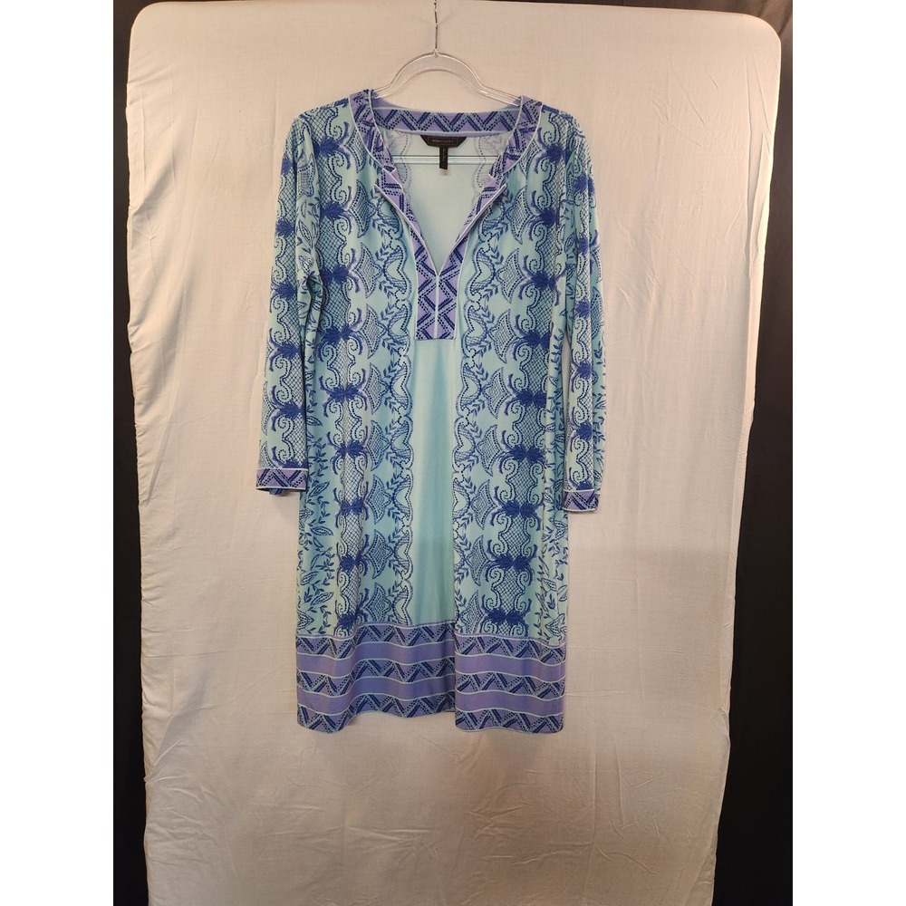 BCBGMAXAZRIA Women's Blue Floral Print Shift Dress Size L Boho Flowy Indie Artsy